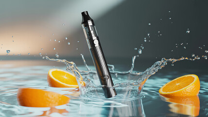 Black vape device with orange citrus slices splashing in clear water