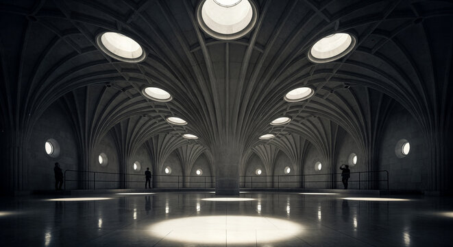 Grand hall with a vaulted ceiling featuring a series of illuminated domes and arches, creating a dramatic and aweinspiring architectural space with subtle human presence