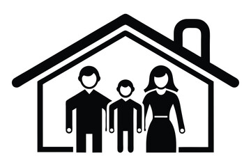Family silhouette standing together in a house icon representing unity and togetherness