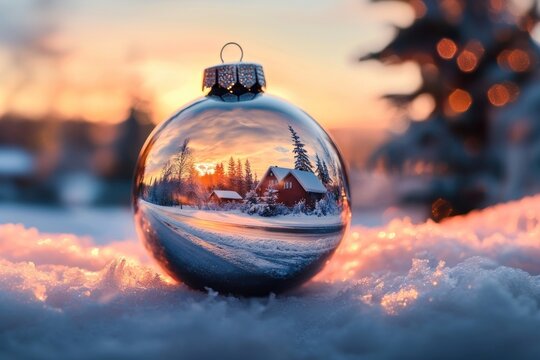 A beautiful winter landscape inside a Christmas ornament christmas photography reflection. - Powered by Adobe