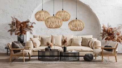Modern Neutral Living Room with Beige Sofa and Decorative Lighting