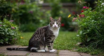 Obraz premium Alert tabby cat sitting in a lush green garden.