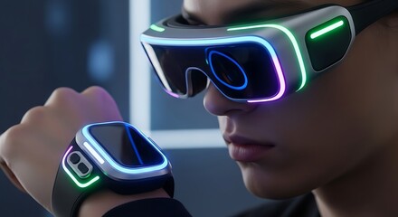 Person Wearing VR Glasses and Smartwatch.