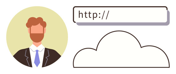 Male avatar in suit alongside a URL bar and cloud outline. Ideal for business, networking, digital identity, web presence, cloud storage, online branding, simple flat metaphor