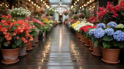Colorful potted flowers in greenhouse with bright lights and wooden floor