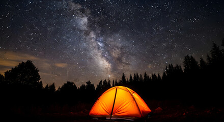 Illuminated tent under a starry night sky in the wilderness at night