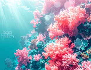 Coral reef texture with geometric hexagon overlay