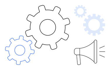 Gears interconnect with a megaphone to emphasize teamwork, process, and effective communication. Ideal for business, innovation, teamwork, marketing strategy, leadership, collaboration simple flat