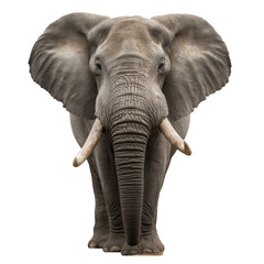 Fototapeta premium African elephant tusk frontal portrait, large wrinkled trunk and wide ears, textured skin and calm expression in studio cutout