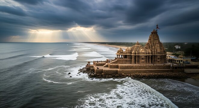 Majestic Temple on the Coast Under Dramatic Skies