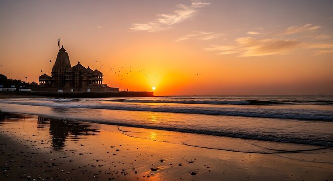 Serene Sunset Over Dwarkadhish Temple and Arabian Sea