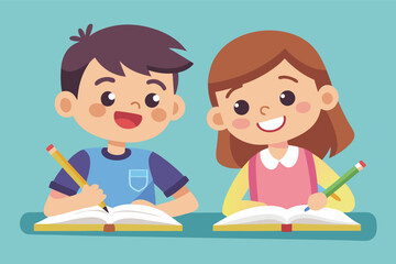 Children studying together happily at a desk with books and pencils in a colorful classroom setting