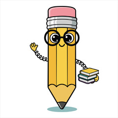 Cute Kawaii Cartoon Pencil Character with Glasses and Books