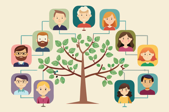 Family tree illustration showing connections between generations with people in cartoon style