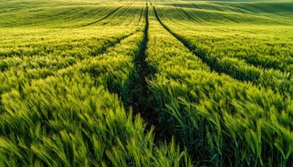 Aerial View of a Green Wheat Field with Tractor Tracks at Golden Hour Soft Light Natural and Organic Agriculture Background