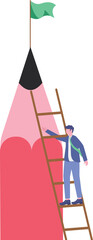 Young creative man climbing pencil mountain, aiming to reach winning flag at peak.

