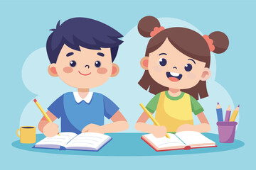 Children learning and studying together in a bright classroom setting during the day