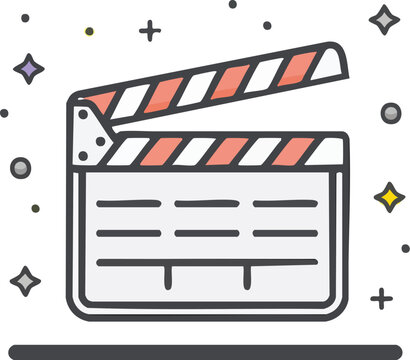 A cartoon illustration of a movie clapperboard, open and ready for filming.