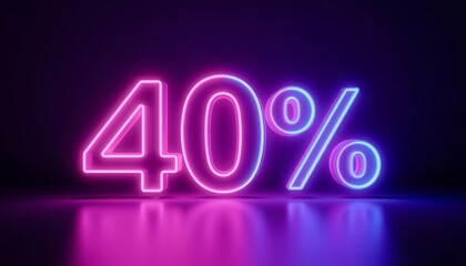 Glowing neon percentage sign with 40% on dark background for Black Friday  