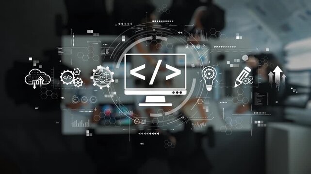 A modern technology interface featuring coding symbols and data visualizations in a professional workspace setting, representing innovation and digital transformation. Raster