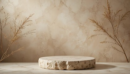 Natural Stone Podium with Dry Plant Branch on Beige Background – Minimalist Copy Space for Cosmetic Product Presentation
