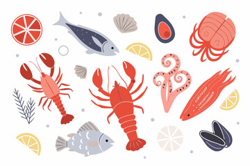 Flat design seafood collection with lobster fish octopus and lemon slices