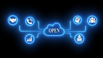 Open cloud network concept with glowing neon icons for business collaboration communication growth security and innovation on dark background digital technology abstract - Powered by Adobe