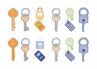 Collection of flat design keys and padlocks with keychains