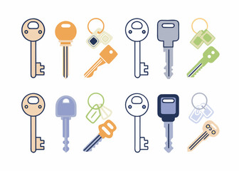 Collection of colorful flat design keys and keychains on a white background