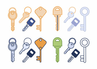 Collection of flat design keys in various colors and styles