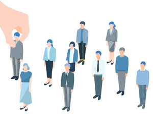 大きな手がビジネスパーソンの中から一人をピックアップしているベクターイラスト素材