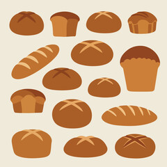 Vector graphic of an assortment of various types of breads and rolls on neutral field