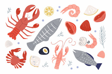 Assorted seafood and fish illustration with lemon and herbs