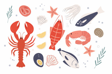 Assorted seafood and marine life flat illustration collection