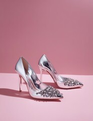 Silver high heels with crystal embellishments