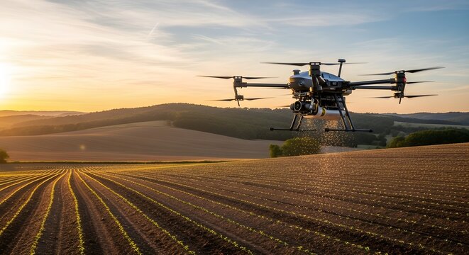 Drone Flying Over Farmland at Sunset | Agricultural Technology for Precision Farming and Crop Monitoring