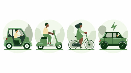 Diverse people using various green transportation options for eco friendly travel