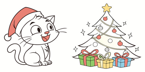 Obraz premium Cute cartoon rabbit with a Santa hat and gifts next to a Christmas tree with snow in a vector illustration
