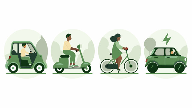 Diverse people using various green transportation options for eco friendly travel