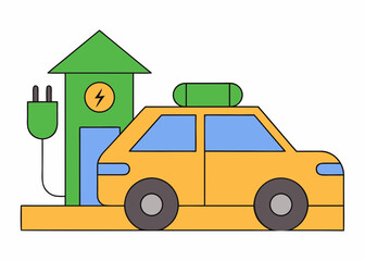 Yellow electric car charging at a green charging station with a lightning bolt symbol