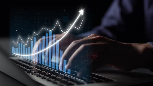 Close-up of hands typing on a laptop, accompanied by an animated financial chart showing growth and success in business. Perfect for visualizing analytics and progress. Copula - Powered by Adobe