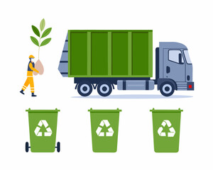 Worker carrying plant towards garbage truck with recycling bins