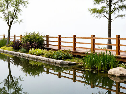 Lakeside Wooden Walkway and Lush Plants on a White Background

