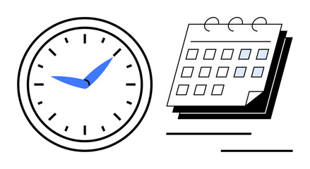 Analog clock with blue hands next to a spiral bound calendar with highlighted days. Ideal for time management, planning, organization, deadlines, productivity, appointments, workflow simplicity. A