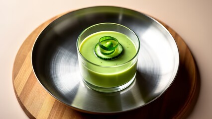 Cucumber gazpacho shot with pea tendril garnish