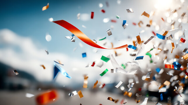 Vibrant confetti and ribbons float in the air, capturing the joyful spirit of celebration and festivity under a bright blue sky.