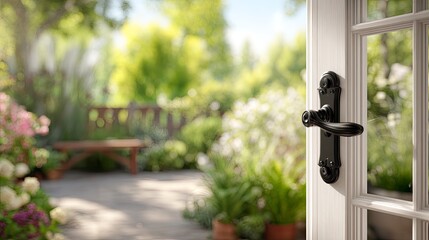 Open white door reveals vibrant garden