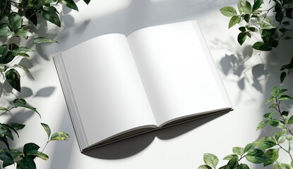 Open book mockup with green leaves and shadows