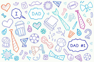 Happy fathers day doodle collage with dad and gifts