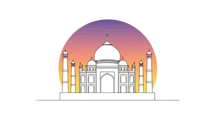 Elegant minimalist illustration of the Taj Mahal against a vibrant sunset backdrop, suitable for travel brochures, cultural websites, or educational materials.